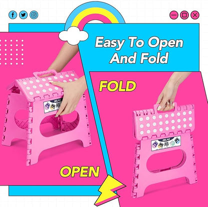 Delxo Folding Step Stool,11 Inch Non-Slip Foldable Step Stools for Kids and Adult,Portable Lightweight Small Folding Stool with Handle for Kitchen Bathroom in Pink,1 Pack