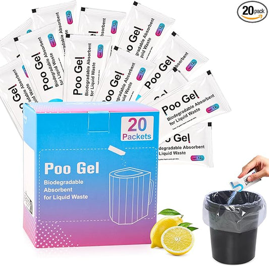 20 Packets 12g Poo Gel for Portable Toilet, Camping Toilet Gel Powder for Potty Bags, Super Eco Absorbent Gel, Portable Toilet Gel Packets for Outdoor Recreation Camping Essentials (20 Packets)