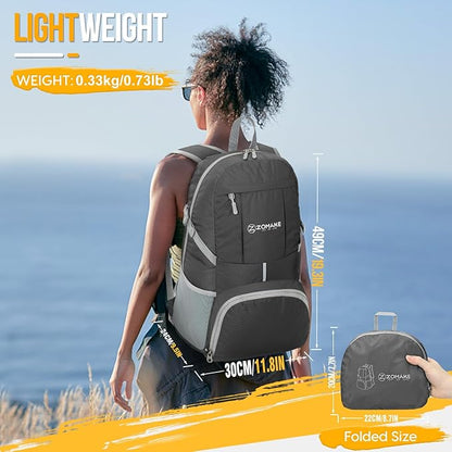 ZOMAKE Lightweight Packable Backpack 35L, Light Foldable Backpacks Water Resistant Collapsible Hiking Bag, Compact Folding Day Pack for Travel Camping(Dimgray)