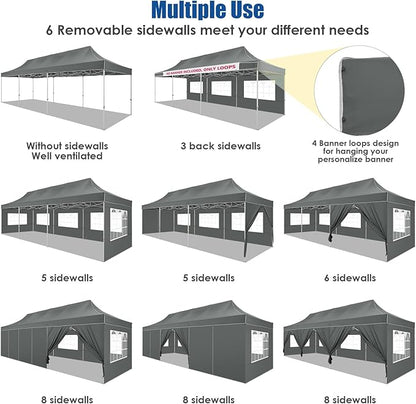 HOTEEL 10x30 Pop up Canopy Tent for Parties, Heavy Duty Easy Setup Tent with 8 Sidewalls, Outdoor Commercial Instant Gazebo for Wedding Event, with Portable Bag & Sand Bags, Grey(Hexagonal Frame)