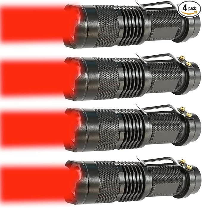4 Pack Single Mode Red Light Flashlight Red Torch Light with Clip Zoomable Red Flashlight for Hunting Astronomy Aviation Night Observation