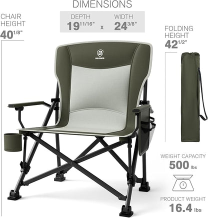 EVER ADVANCED Oversized Folding Camping Chair, for Adults Heavy Duty Lawn Chair with Side Pockets, Portable Collapsible Quad Chair for Outside, Support Up to 500lbs, Green