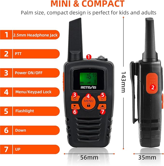 Retevis RA35 Walkie Talkies for Adults Kids, Long Range Walkie Talkies, Easy to Use Clear Sound, Portable 2 Way Radio, 22CH VOX Flashlight, Kids Walkie Talkie Set of 2 for Camping Hiking Car Travel