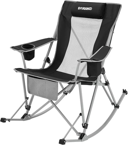 FUNDANGO Rocking Camping Chair, High Mesh Back Portable Folding Camp Chairs with Pillows, Cup Holder and Carry Bag for Lawn Patio Garden Outdoor Supports 300 Lbs (Black/Grey)
