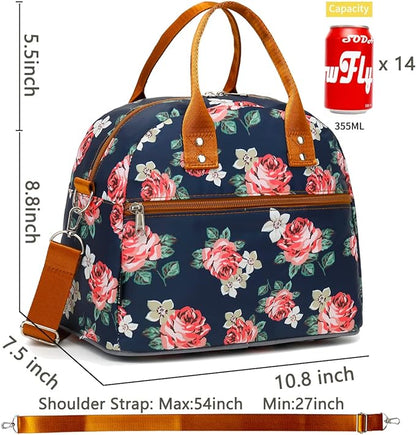 FlowFly Insulated Lunch Bag With Shoulder Strap for Women, Men, and Kids, Large and Reusable, Handle, Freezable Work and School Travel Tote and Meal Prep Organizer,Peony