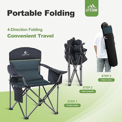 LET'S CAMP Oversized Folding Camping Chair Portable Outdoor Heavy Duty Padded Chairs Lawn Chair with Cup Holder, Storage Pocket and Cooler Bag, Supports 450LBS, for Camp, Travel, Picnic,2 Pack(Green)