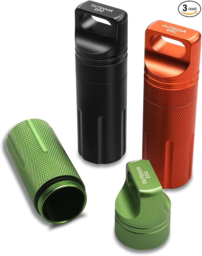 SHD Outdoor EDC Pill Bottle Aluminum Alloy Single Chamber Survival Container Capsule, Portable Waterproof Pill Holder Case for Hiking Camping,Emergency Tools(3PCS)