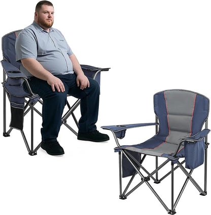 2 Pack Heavy Duty Oversized Camping Chair for Adults 400lbs w/Lumbar Support - Folding Chairs with Side Pocket, Cup Holder & Cooler Bag for Beach, Fishing, Lawn, Backyard Navy Blue