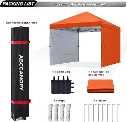 ABCCANOPY Pop up Canopy Tent with 2 Sidewalls for Outdoor Sun Blocking or Rain Protection,10x10, Orange