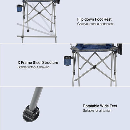 Extra Tall Folding Chairs for Adults 330lbs, Portable Bar Height Foldable Director Chairs for Camping Outside, Comfortable with High Back and Footrest, Blue