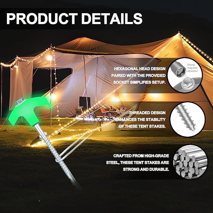 4 Pack Screw in Tent Stakes Heavy Duty,8 Inch Ground Anchors Screw in,Metal Stakes with Hex Head Driver,Camping Tent Accessories.