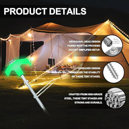 4 Pack Screw in Tent Stakes Heavy Duty,8 Inch Ground Anchors Screw in,Metal Stakes with Hex Head Driver,Camping Tent Accessories.