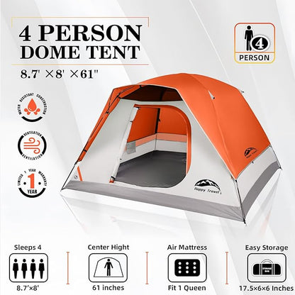 Happy Travel Camping Tent, 4 Person Dome Tents for Camping with Rainfly, Waterproof Clip Easy Setup Portable Family Tent with Mesh Windows, 20% More Headroom Backpacking Tents for Camping & Hiking