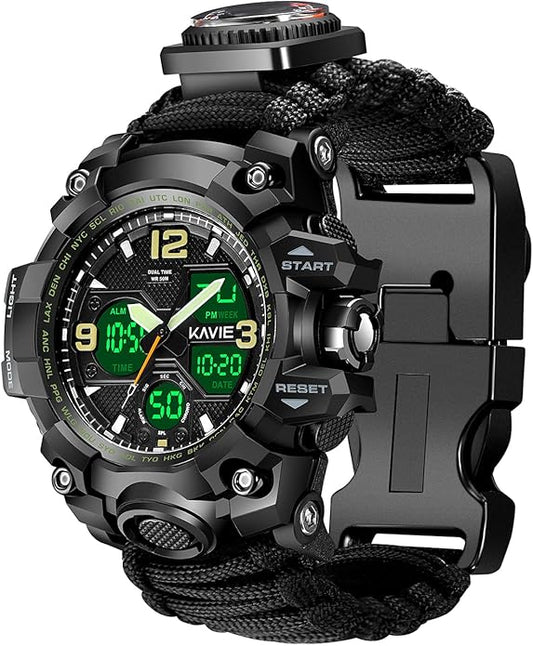 23-in-1 Survival Military Digital Watch, Mens Tactical Multi-Functional and Adjustable Wristband Outdoors Waterproof Sports Dual Dial Watches with Compass Paracord Band
