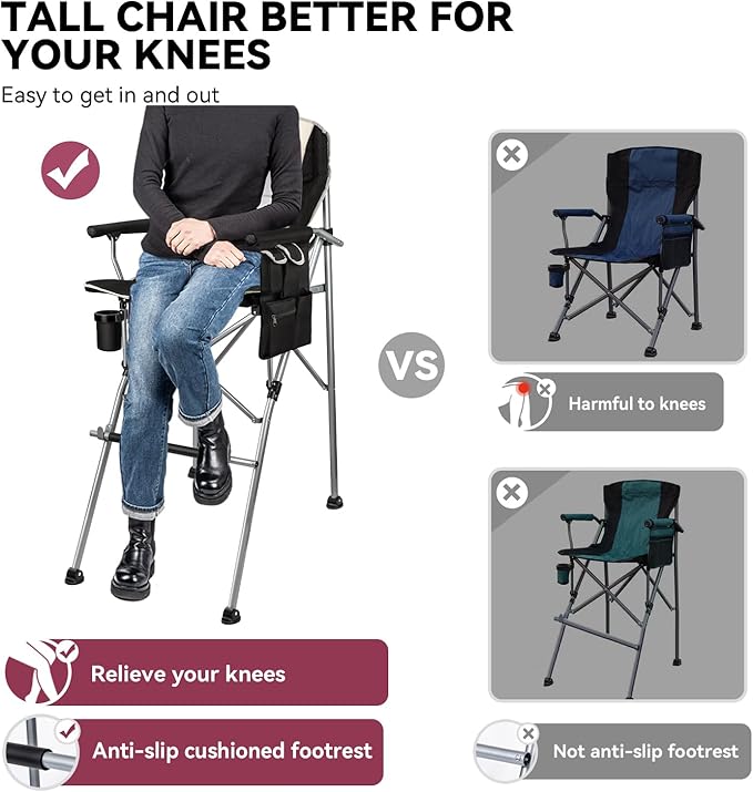 Foldable Directors Makeup Salon High Chair - Portable Camping Bar Height Folding Photoshoot Chairs with Stroage Bag Cup Holder Non-Slip Footrest, Supports 400 lbs Black Tall Director Chair
