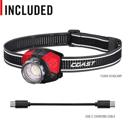 Coast® FL85R 1000 Lumen Tri-Color (White/Red/Green) Focusing Rechargeable LED Headlamp, Built-in Rechargeable Battery