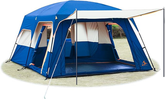 KTT Extra Large Tent 6-10-12-14 Person(Style-B),Family Cabin Tents,2 Rooms,3 Doors and 3 Windows with Mesh,Straight Wall,Waterproof,Double Layer,Big Tent for Outdoor,Picnic,Camping,Family Gathering