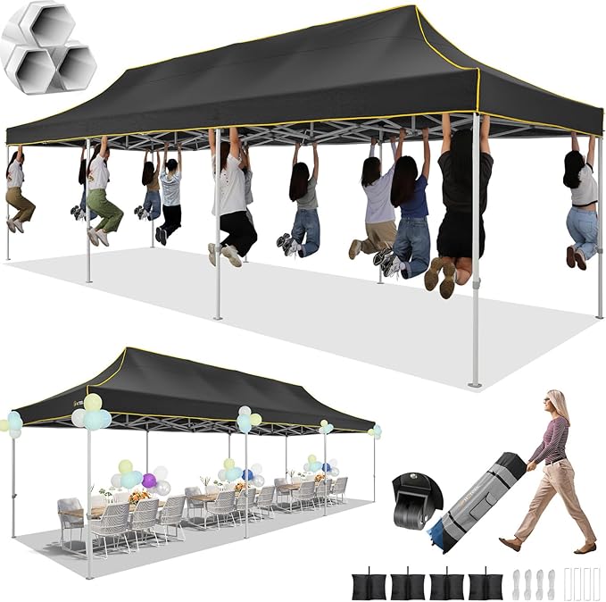 HOTEEL 10x30 Pop up Canopy Tent for Parties, Heavy Duty Easy Setup Tent Without Sidewalls, Outdoor Commercial Instant Gazebo for Wedding Event, with Portable Bag, Black(Hexagonal Frame)