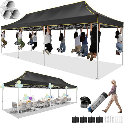 HOTEEL 10x30 Pop up Canopy Tent for Parties, Heavy Duty Easy Setup Tent Without Sidewalls, Outdoor Commercial Instant Gazebo for Wedding Event, with Portable Bag, Black(Hexagonal Frame)
