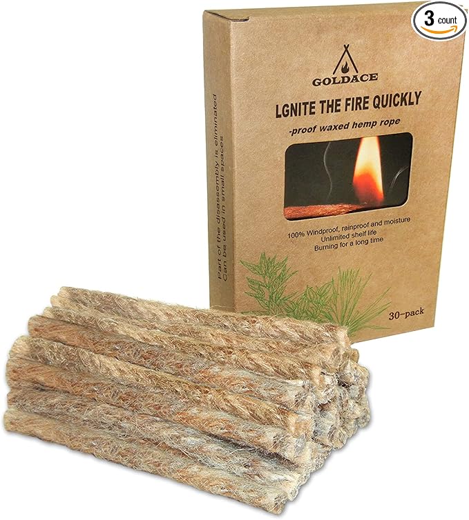 GOLDACE100% Windproof, Rainproof and Moisture- Emergency Survival Tool Kits| Long-Lasting Fire Starters for Campfires| Camping Cooking Kindling Tinder| fire Rope Hemp core| Unlimited Shelf Life