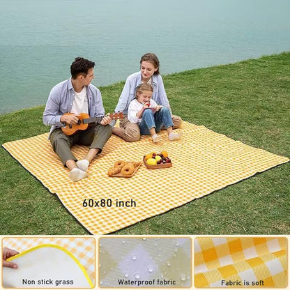 RUIBOLU Beach Blanket Large Picnic Blankets, 80x60in Sandproof Beach Mat for 2-4 Adults Waterproof Quick Drying Outdoor Picnic Mat for Travel Camping Hiking Festival Park Lawn (Yellow Plaids)