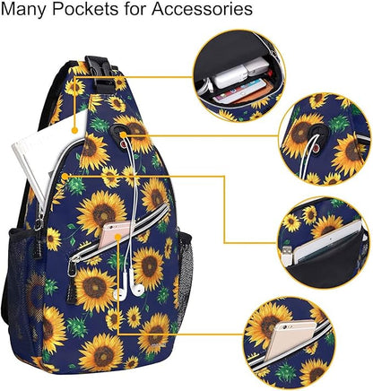 MOSISO Sling Backpack,Travel Hiking Daypack Sunflower Rope Crossbody Shoulder Bag