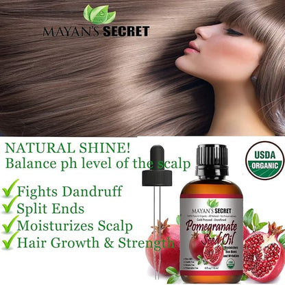 Mayan's Secret USDA Certified Organic Pomegranate Seed Oil for Skin Repair -Large 4oz Glass Bottle Cold Pressed and Pure Rejuvenating Oil for Skin, Hair and Nails