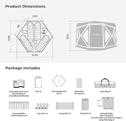 ACACIA Camping Tent, Pop Up Camping Tent with 8 Windows and Footprint, Waterproof Windproof Easy Setup Hub Tent for Family Camping, Hiking and Glamping