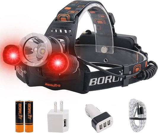 BORUIT RJ-3000 Rechargeabe LED Headlamp 5000 Lumens with Red Light, 3 Modes Super Bright USB Head Lamp IPX4 Waterproof Headlight for Adults USB Outdoor Fishing Camping