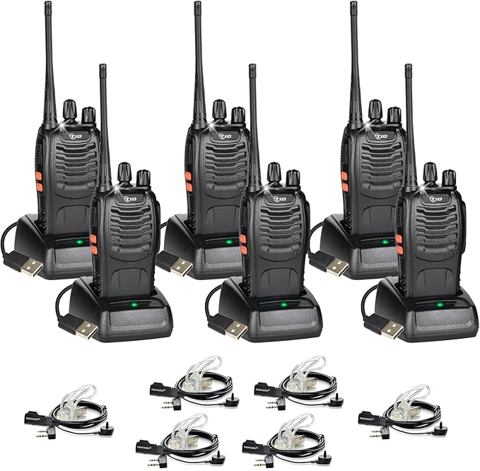 TIDRADIO TD-V2 Walkie Talkies for Adults Long Range, Rechargeable Two Way Radios with Secret Service Earpiece, 16CH Portable Durable Flashlight VOX Walky Talky(Black, 6 Pack)