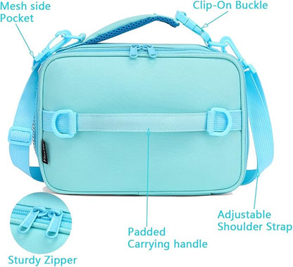 FlowFly Kids Lunch Bag, Durable Insulated School Lunch Box with Shoulder Strap and Bottle Holder, Water-resistant Thermal Small Lunch Cooler Tote for Teen Boys & Girls,Light Blue