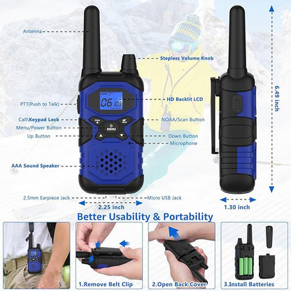 Walkie Talkies for Adults Rechargeable Walkie-Talkie Long Range 3 Pack, Multi-purpose NOAA 2 Way Radios with 4500mAh Battery USB Lanyards for Family Office School Camping Hiking Skiing Cruises