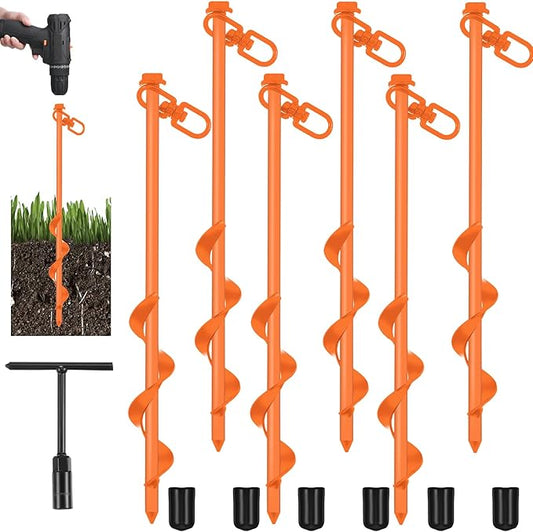 Reginary 6 Pcs Ground Anchors Screw in Tent Stakes Heavy Duty Trampoline Anchors High Wind for Camping Canopy Carport Sheds Beach Sand Stakes Metal Swing Set (Orange)