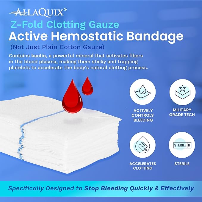 Advanced Kaolin Hemostatic Bandage – Sterile Z-Fold Clotting Gauze (3 in. x 12 ft) | Stops Bleeding Fast for Emergency, Trauma, First Aid, and Survival Kits (1-Pack)