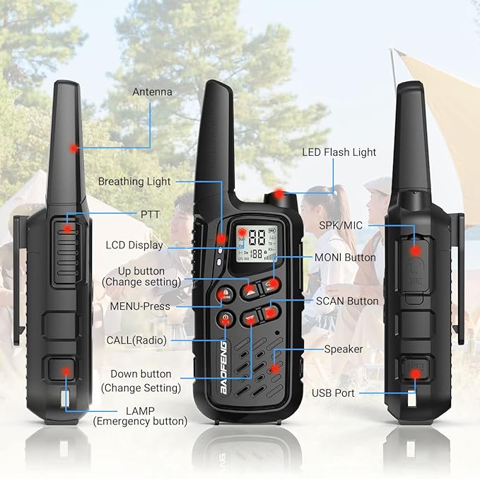 Walkie Talkies, Walkie Talkies for Adults Long Range MP25 Family Walkie Talkie with NOAA Weather Alerts Flashlight and Type-C Charging Cable for Camping Gear Hiking Trip(Black,Include Battery)