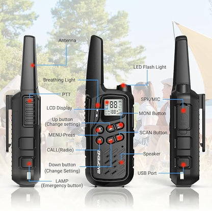 Walkie Talkies, Walkie Talkies for Adults Long Range MP25 Family Walkie Talkie with NOAA Weather Alerts Flashlight and Type-C Charging Cable for Camping Gear Hiking Trip(Black,Include Battery)