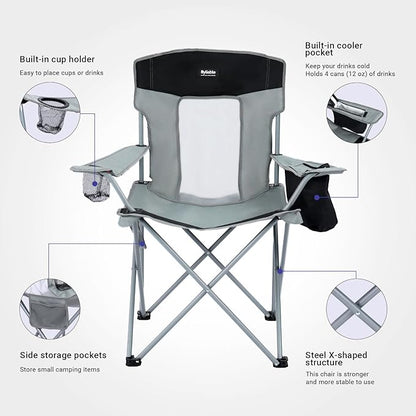 Camping Chairs Lawn Portable Foldable Camp Folding Lightweight Chair for Adults with Drink Holder and Cooler Pouch Outdoor for Camping, Lawn, Sports, Picnic, Music Festival, Gray Black