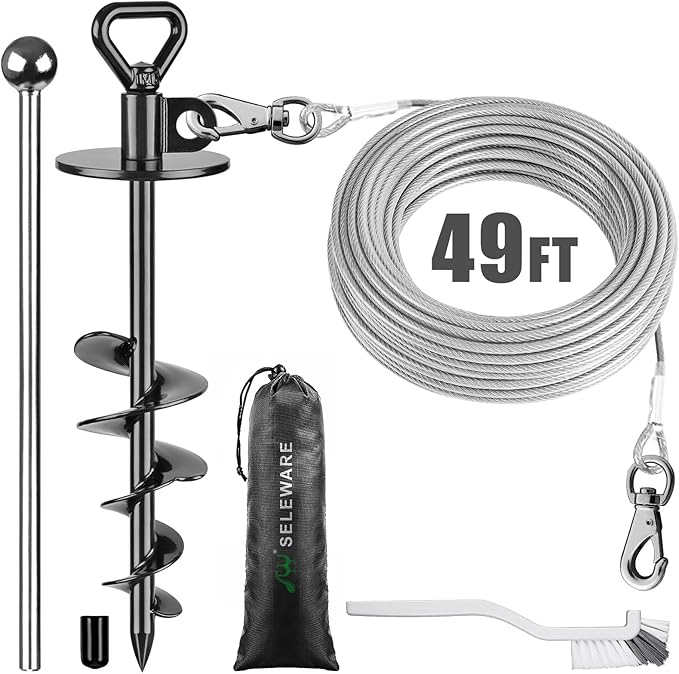 SELEWARE 49 ft Dog Tie Out Cable and Stake, Anti-Rust Dog Anchor with Composed of Stainless Steel Wire Cable for Large Dogs up to 220 lbs, Free Swivel Dog Stake Dog Camping Gear
