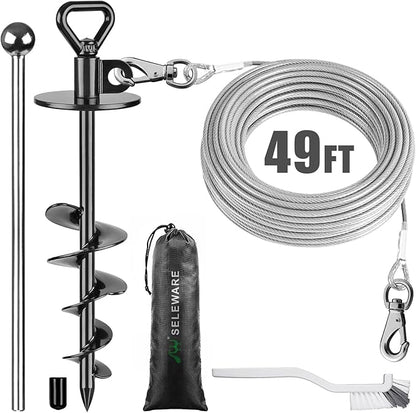 SELEWARE 49 ft Dog Tie Out Cable and Stake, Anti-Rust Dog Anchor with Composed of Stainless Steel Wire Cable for Large Dogs up to 220 lbs, Free Swivel Dog Stake Dog Camping Gear