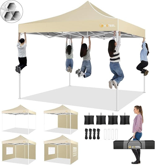HOTEEL 10x10 Pop up Canopy Tent for Parties, Heavy Duty Easy Setup Tent with 4 Sidewalls, Outdoor Commercial Instant Gazebo for Wedding Event, with Portable Bag & Sand Bags, Khaki(Hexagonal Frame)