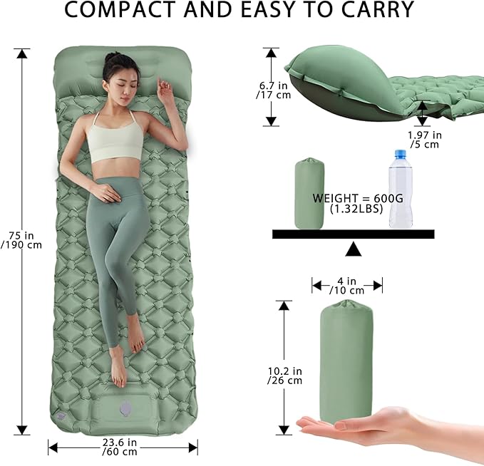 MEI&CO Lightweight Convertible Double Inflatable Camping Pad – 2-in-1 Single Pads Built-in Pillow – Quick Inflate Foot Pump, 660lb Capacity – Perfect for Couples & Family Adventures (2, Green)
