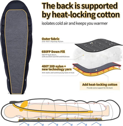 Down Sleeping Bag for Adults Cold Weather Ultralight & Compact 680FP Backpacking Sleeping Bag for Camping, Hiking, Mountaineering