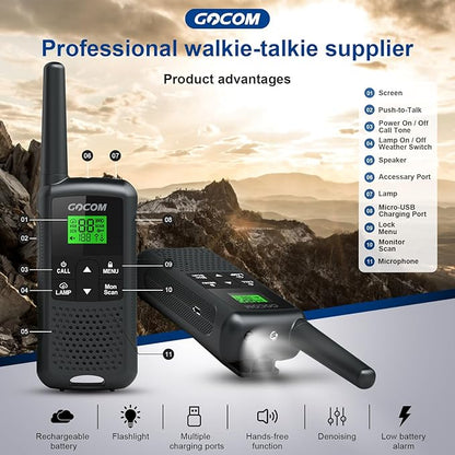 G200 Walkie Talkies for Adults, Long Range Two Way Radios Family Radio Service (FRS) Rechargeable 22 CH NOAA VOX Scan Flashlight 4 Pack Hand held radios
