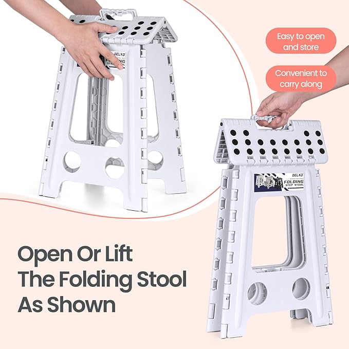 Delxo Folding Step Stool 17.5 Inch White Step Stools for Kids Foldable,Portable Collapsible Step Stool with Handle, Folding Stool for Kitchen Bathroom,Bedroom,Garden