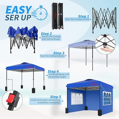 10x10 Pop Up Canopy Tent with Sidewalls, Easy Up, Heavy Duty, Blue, Perfect for Parties, Camping, Events & Vendor