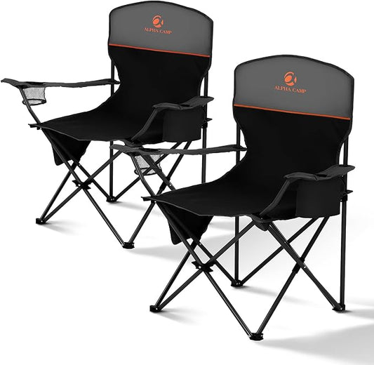ALPHA CAMP Folding Camping Chairs for Adults Lawn Chairs Outdoor Chairs Support 250 LBS Portable Camp Chairs with Cup Holders Cooler Pouch for Outdoor, 2 Pack (Black)