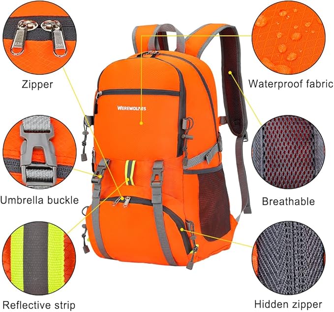 WEREWOLVES 20/35L Lightweight Hiking Backpack, Ultralight Water Resistant Packable Daypack for Women Men