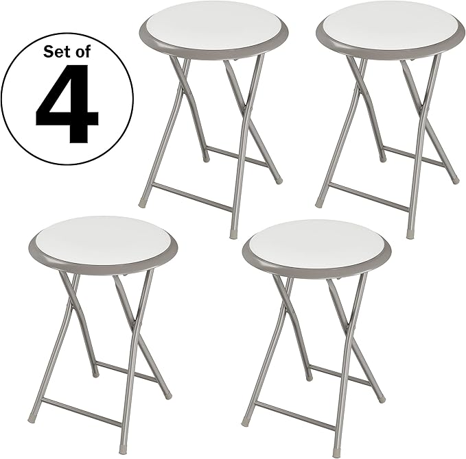 Folding Bar Stool - Heavy-Duty 18-inch Collapsible Padded Round Stool with 300lb Capacity for Dorm, Rec Room, or Game Room by Trademark Home (White)