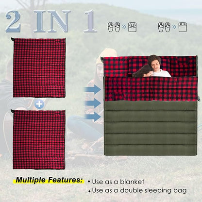 0 Degree Sleeping Bag Cotton Flannel Winter Cold Weather for Adults XXL Sleeping Bag 4 Season Big and Tall with Pillow Compression Sack