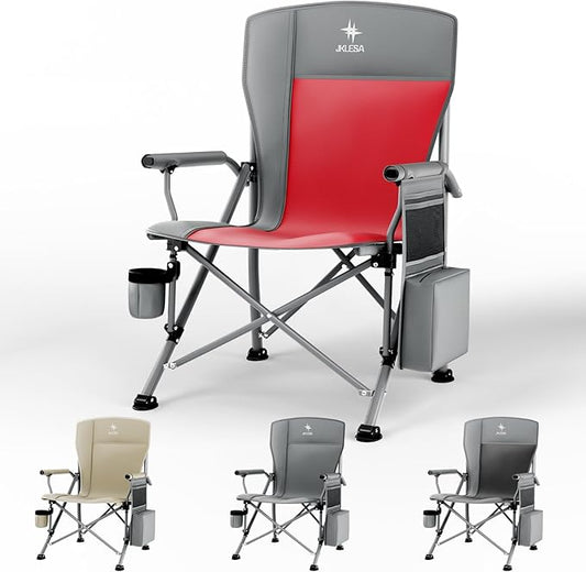 XL Heavy Duty Camping Chair 396lb Capacity (525lb MAX) - Waterproof 1680D Oxford - Oversized 2" Thick Padded Seat with Cup Holder & Cooler - Portable for Camping, Beach, Tailgating Slate/Red